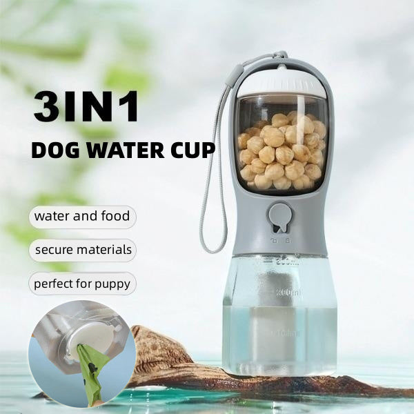 3-in-1 Portable Dog Water Cup – Feeder & Waste Bag Dispenser for Pets