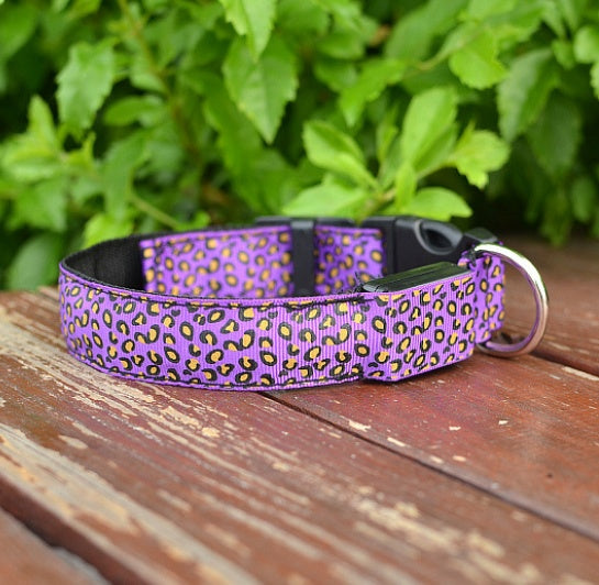 LED Light Dog Collar – Adjustable Nylon Leopard Style Pet Collar for Safety