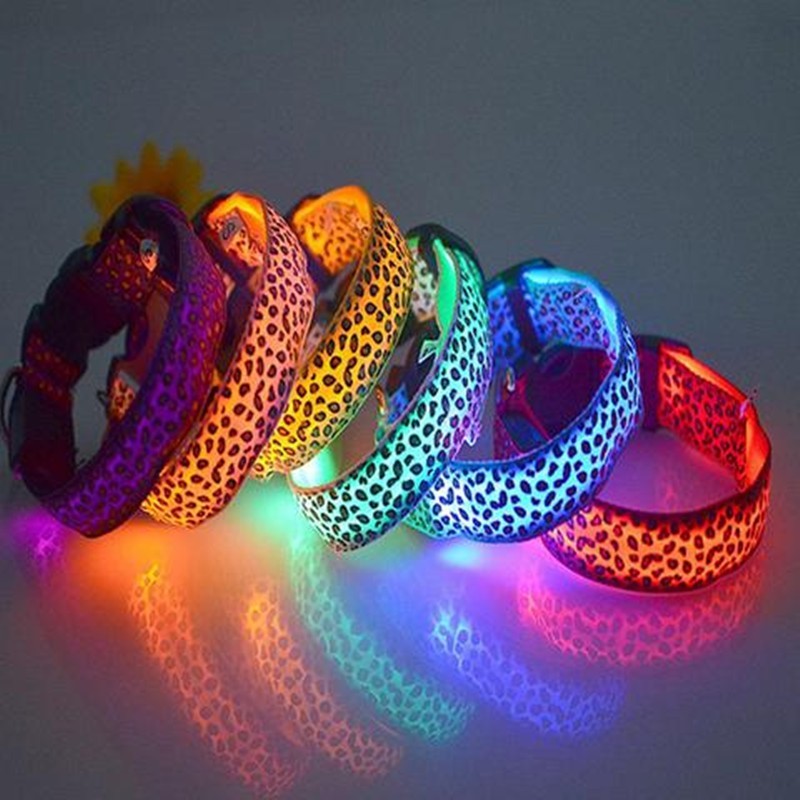 LED Light Dog Collar – Adjustable Nylon Leopard Style Pet Collar for Safety