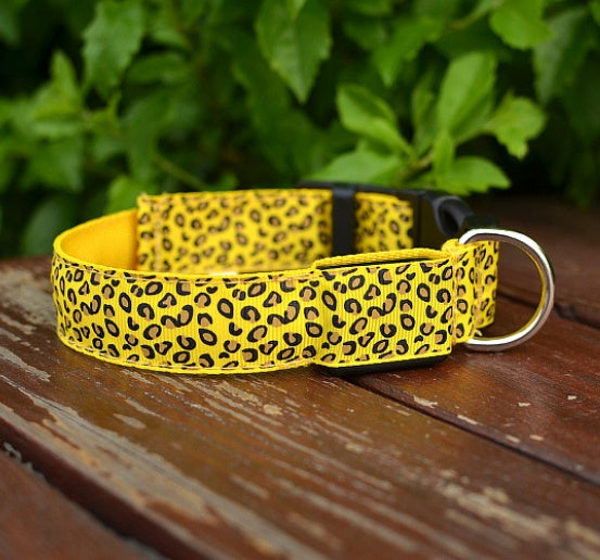LED Light Dog Collar – Adjustable Nylon Leopard Style Pet Collar for Safety