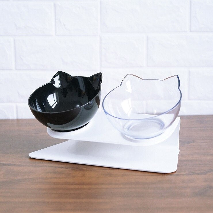 Cat Double Bowl | Elevated Tilted Cat Food & Water Bowls for Cervical Spine Protection