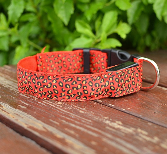 LED Light Dog Collar – Adjustable Nylon Leopard Style Pet Collar for Safety