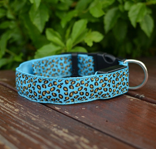 LED Light Dog Collar – Adjustable Nylon Leopard Style Pet Collar for Safety