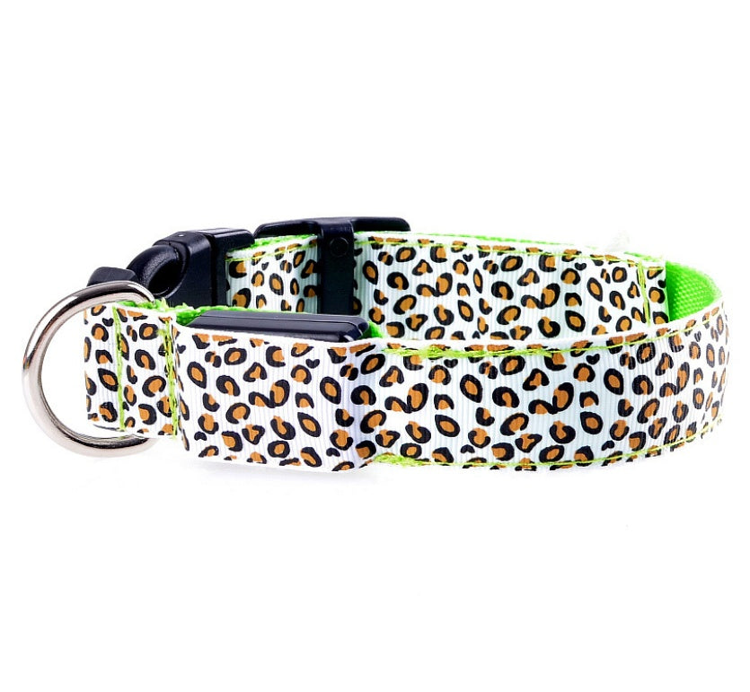 LED Light Dog Collar – Adjustable Nylon Leopard Style Pet Collar for Safety