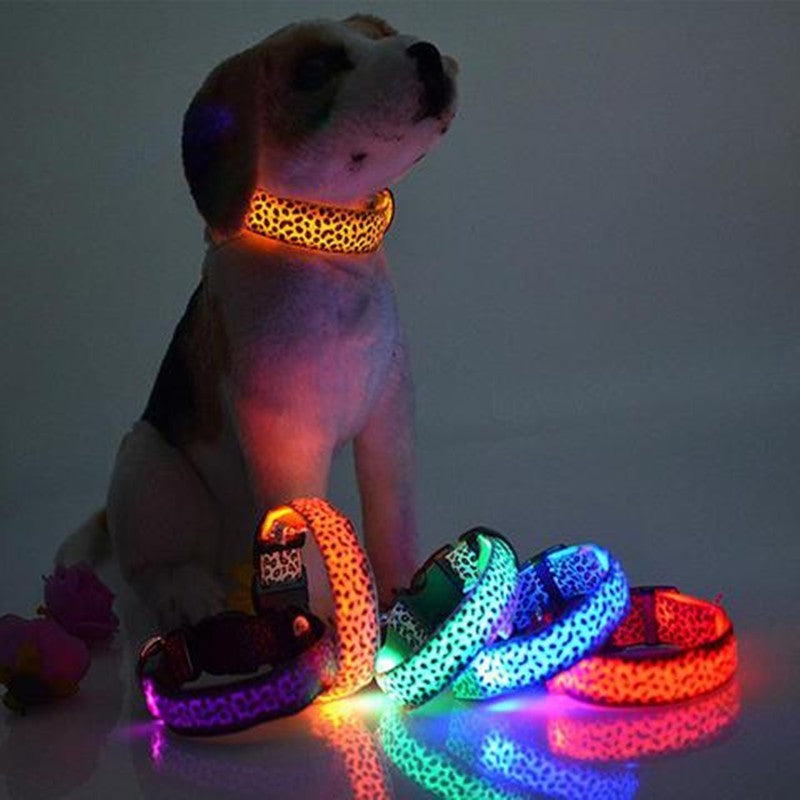 LED Light Dog Collar – Adjustable Nylon Leopard Style Pet Collar for Safety