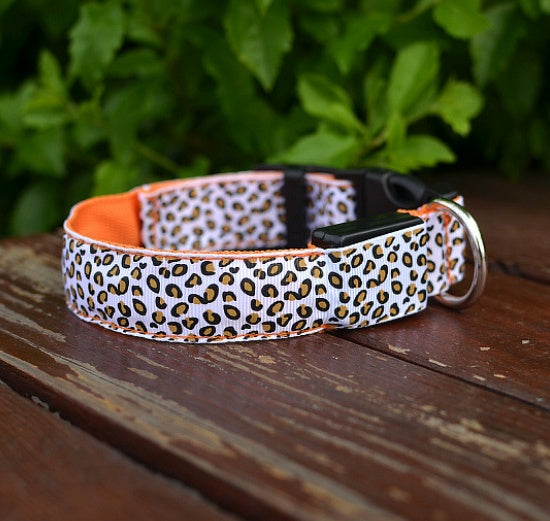 LED Light Dog Collar – Adjustable Nylon Leopard Style Pet Collar for Safety