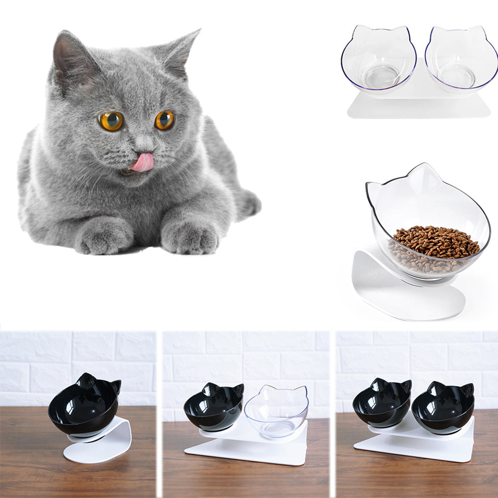 Cat Double Bowl | Elevated Tilted Cat Food & Water Bowls for Cervical Spine Protection