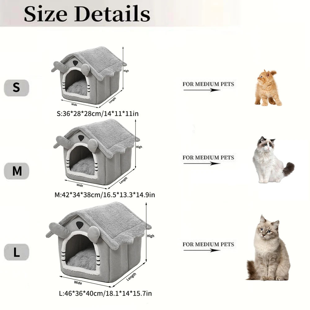 Gray Detachable Semi-Enclosed Cat House – Washable 4-Season Pet Bed