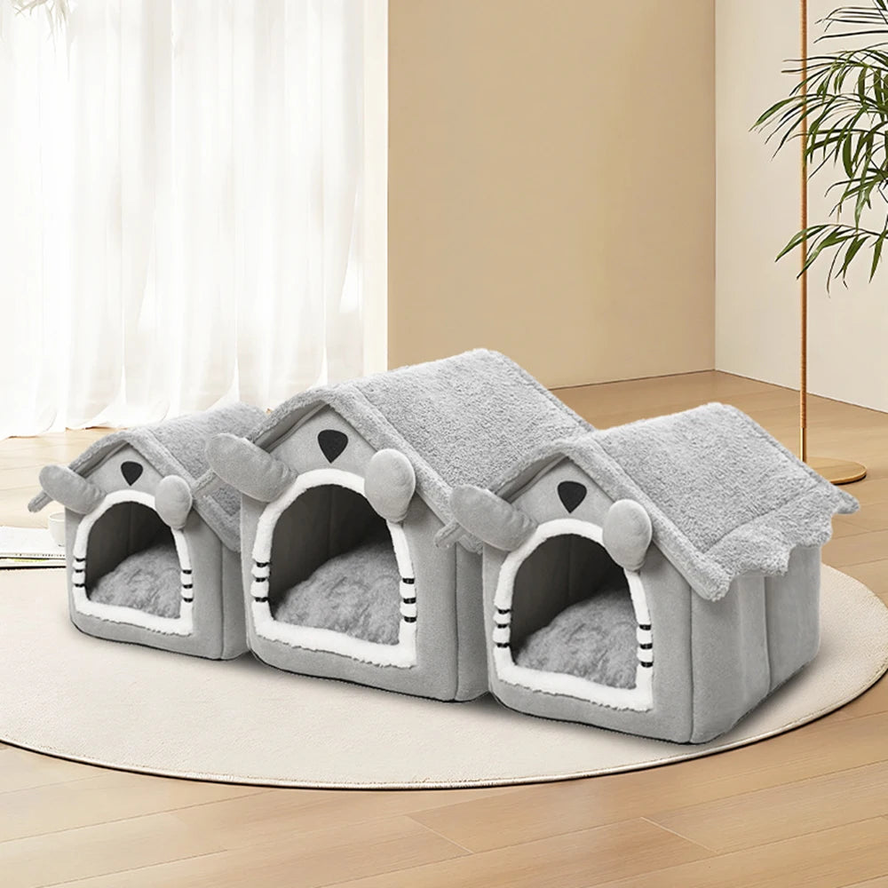 Gray Detachable Semi-Enclosed Cat House – Washable 4-Season Pet Bed