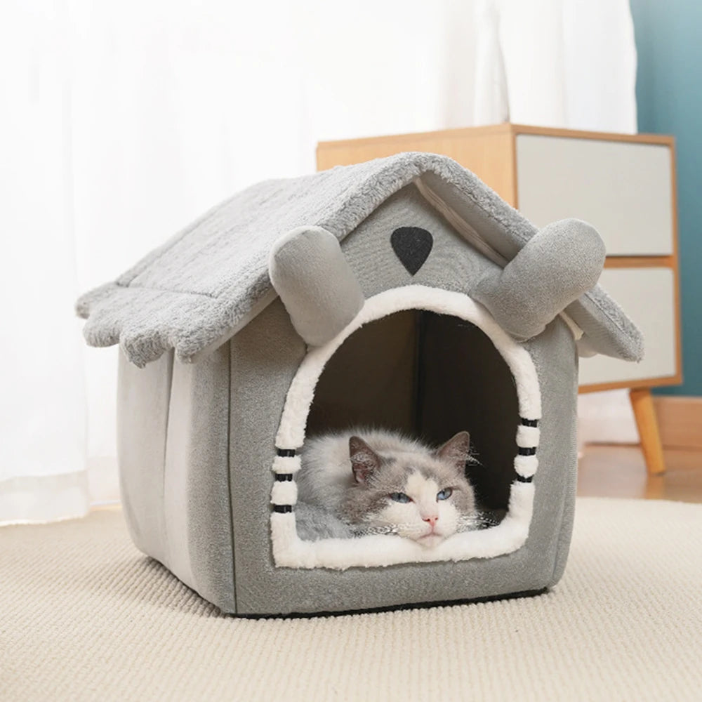Gray Detachable Semi-Enclosed Cat House – Washable 4-Season Pet Bed