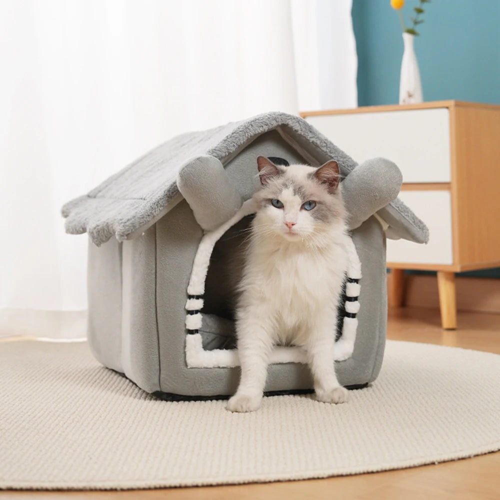 Gray Detachable Semi-Enclosed Cat House – Washable 4-Season Pet Bed