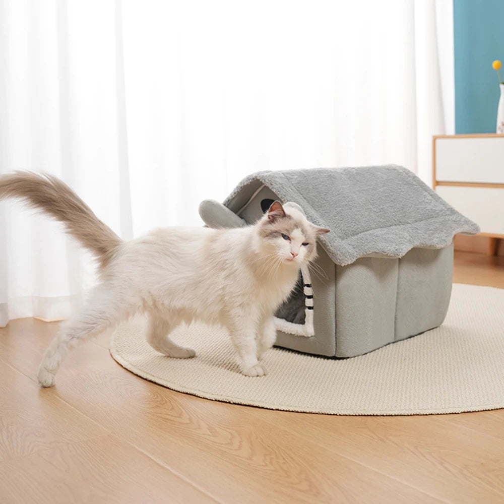 Gray Detachable Semi-Enclosed Cat House – Washable 4-Season Pet Bed
