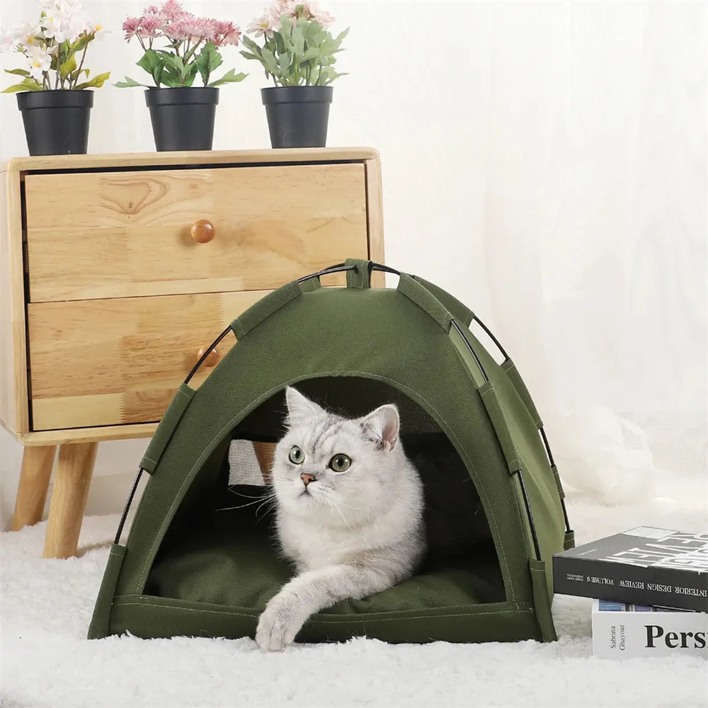 Foldable Pet Tent Nest – Breathable Semi-Closed Outdoor Bed with Cooling Pad