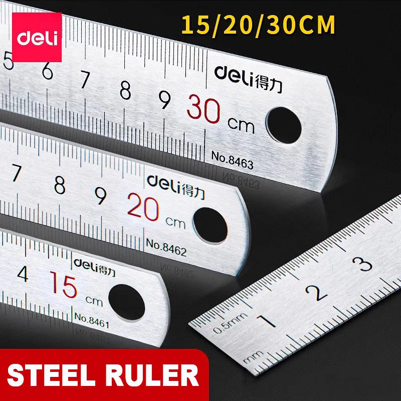 Deli Stainless Steel Ruler 15/20/30cm Metal Measuring Tool for School & Office