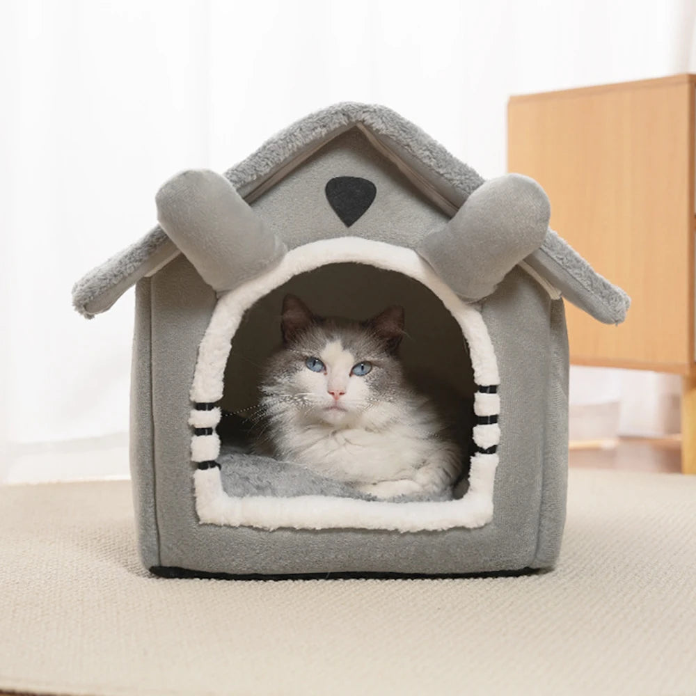 Gray Detachable Semi-Enclosed Cat House – Washable 4-Season Pet Bed
