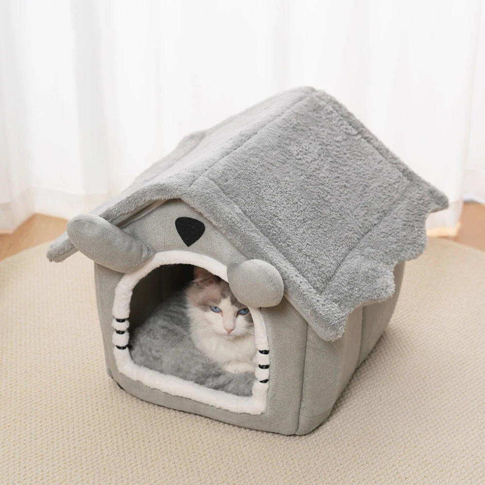 Gray Detachable Semi-Enclosed Cat House – Washable 4-Season Pet Bed