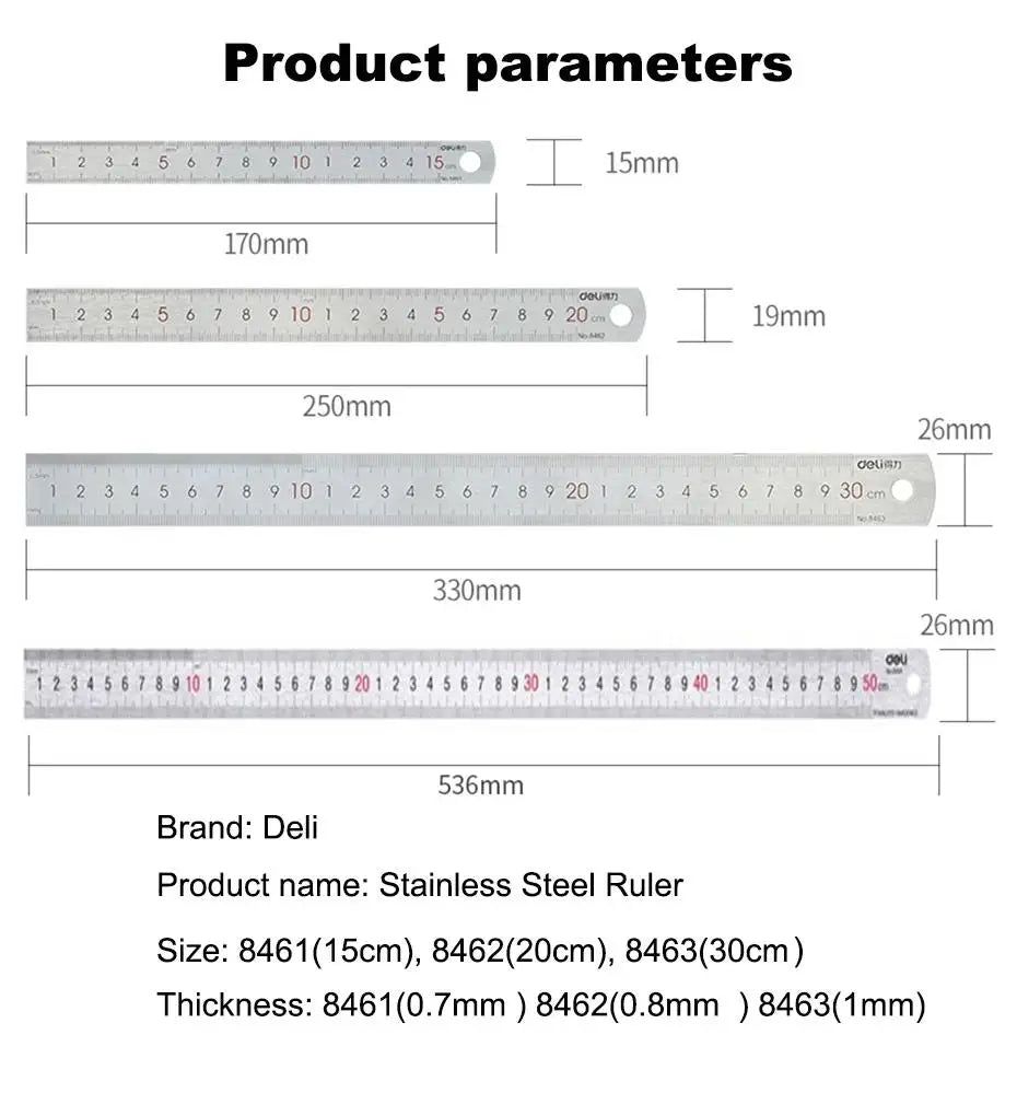 Deli Stainless Steel Ruler 15/20/30cm Metal Measuring Tool for School & Office