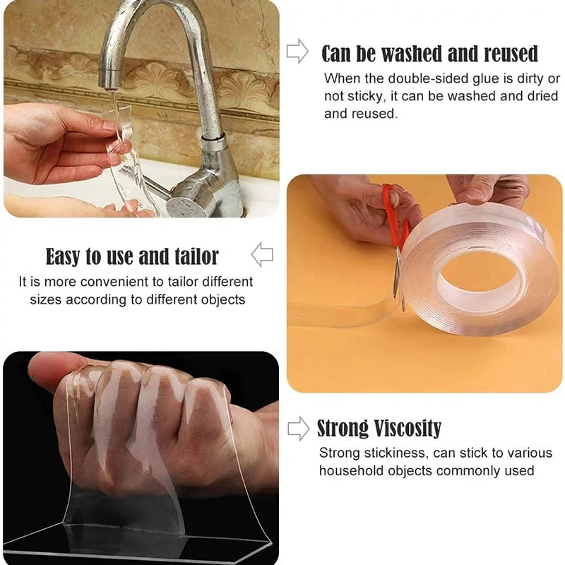 Nano Double Sided Tape 1/3/5M Transparent Reusable Waterproof Adhesive
