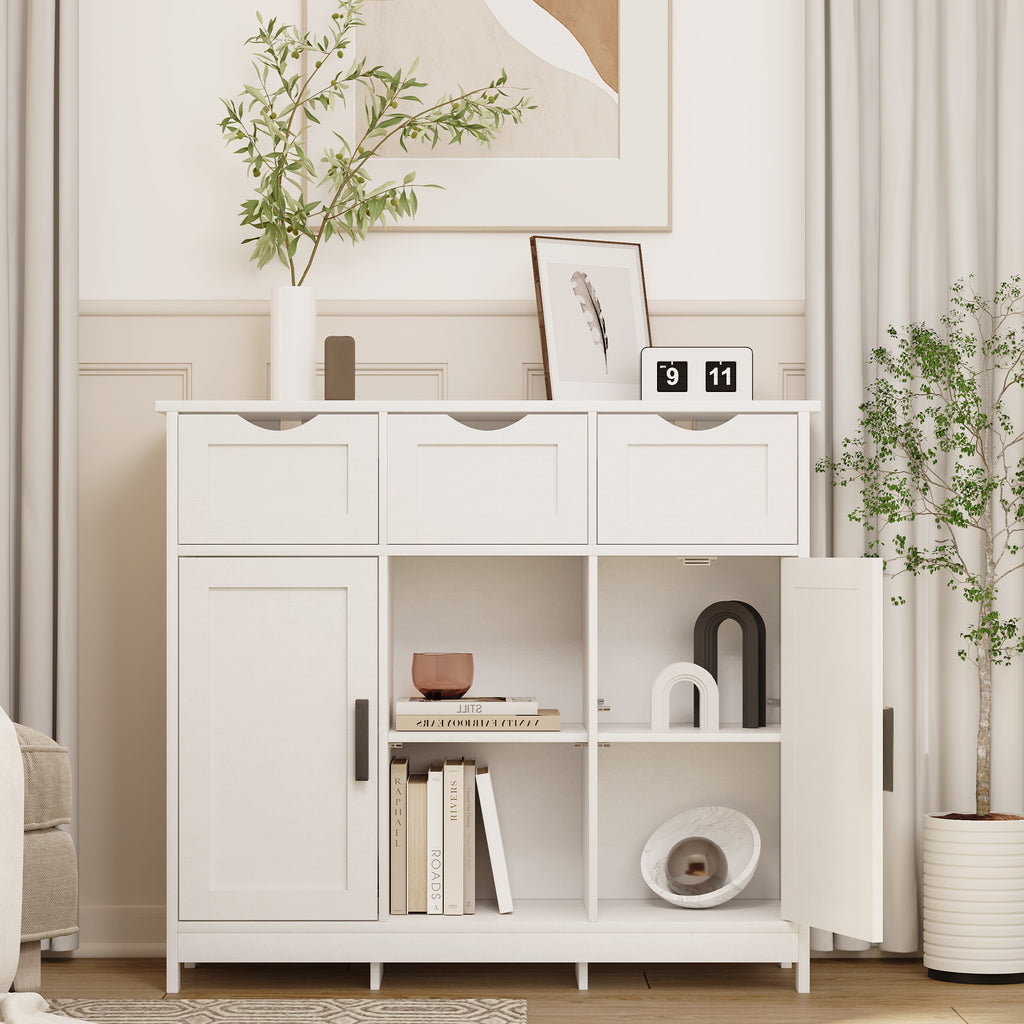 Multi-Purpose White Cabinet – Drawers, Shelves & Home Decor